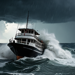 **Prompt:** A somber, dramatic scene of a large tourist boat battling a severe storm with towering waves and heavy rain off the coast of Phuket, Thailand. The sky is dark and turbulent, emphasizing the raw power of nature. Focus on the struggle and the overwhelming conditions.