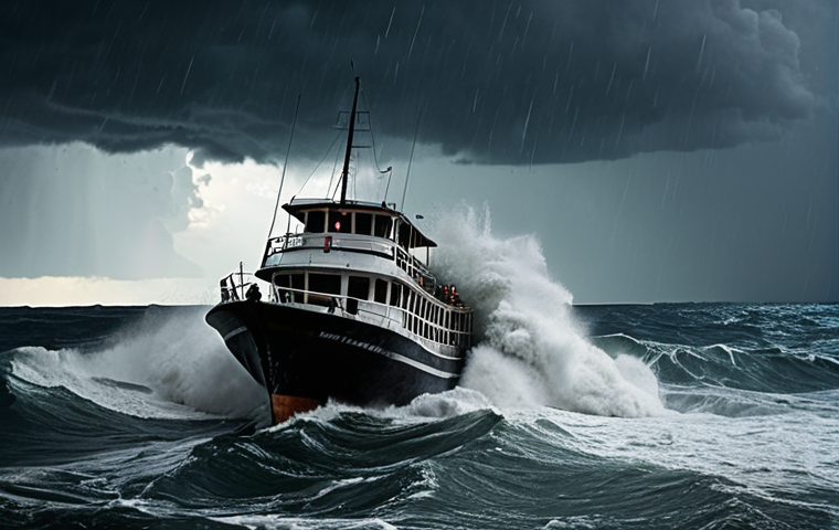 **Prompt:** A somber, dramatic scene of a large tourist boat battling a severe storm with towering waves and heavy rain off the coast of Phuket, Thailand. The sky is dark and turbulent, emphasizing the raw power of nature. Focus on the struggle and the overwhelming conditions.