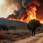 A dramatic, wide-angle, photorealistic image depicting a Mediterranean landscape under the brutal impact of climate change. A massive forest fire rages across the background, with towering flames and thick, orange-red smoke billowing into the sky, casting a dark, oppressive haze. In the mid-ground, a parched, cracked earth extends towards a village where buildings are threatened by the advancing fire. Silhouetted figures of people, appearing helpless and distraught, are seen fleeing or observing the catastrophe from a distance, conveying a sense of despair and the psychological toll of extreme weather. The scene is captured with cinematic lighting, emphasizing the destructive power and chaotic nature of the event.