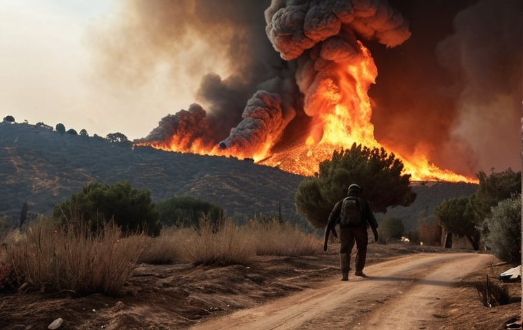 A dramatic, wide-angle, photorealistic image depicting a Mediterranean landscape under the brutal impact of climate change. A massive forest fire rages across the background, with towering flames and thick, orange-red smoke billowing into the sky, casting a dark, oppressive haze. In the mid-ground, a parched, cracked earth extends towards a village where buildings are threatened by the advancing fire. Silhouetted figures of people, appearing helpless and distraught, are seen fleeing or observing the catastrophe from a distance, conveying a sense of despair and the psychological toll of extreme weather. The scene is captured with cinematic lighting, emphasizing the destructive power and chaotic nature of the event.